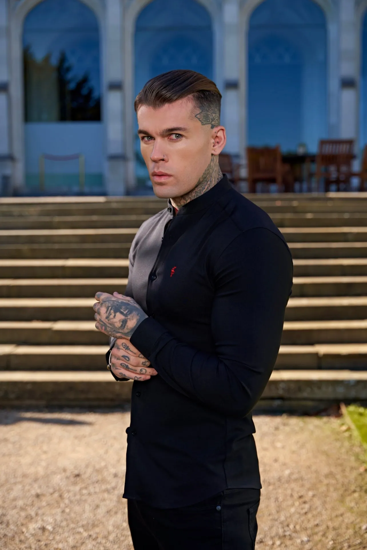 Father Sons Super Slim Scuba Black Long Sleeve Stretch With Grandad Collar - FS931