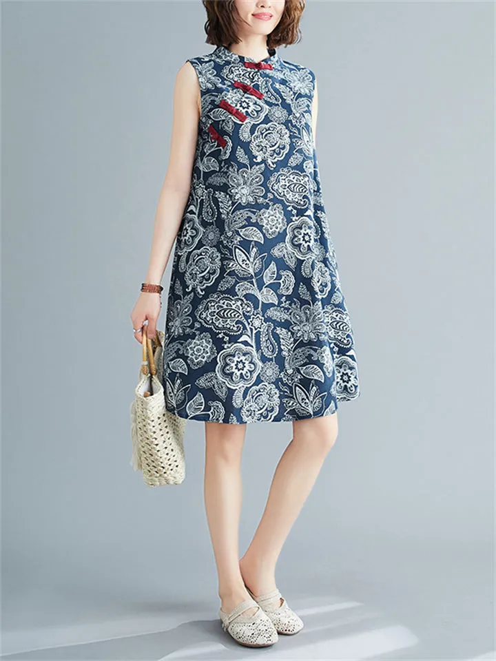 Female Flower Printed Retro Loose Cheongsam Dress