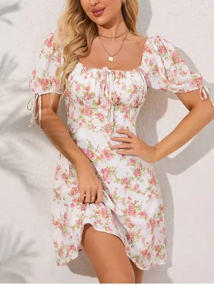 Floral Off Sleeve Chiffon Square Neck Dress