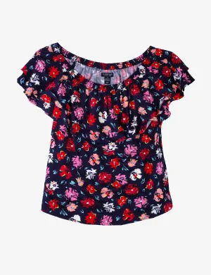FLORAL RUFFLE FRONT PEASANT TOP