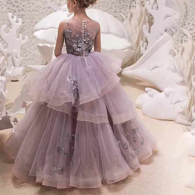 Flower Girl Dresses For Wedding Floor Length Ball Gown Pageant Puffy Tulle Dresses Flower Embroidery Princess Dresses