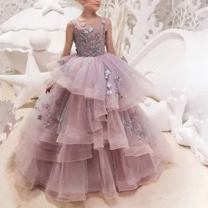 Flower Girl Dresses For Wedding Floor Length Ball Gown Pageant Puffy Tulle Dresses Flower Embroidery Princess Dresses