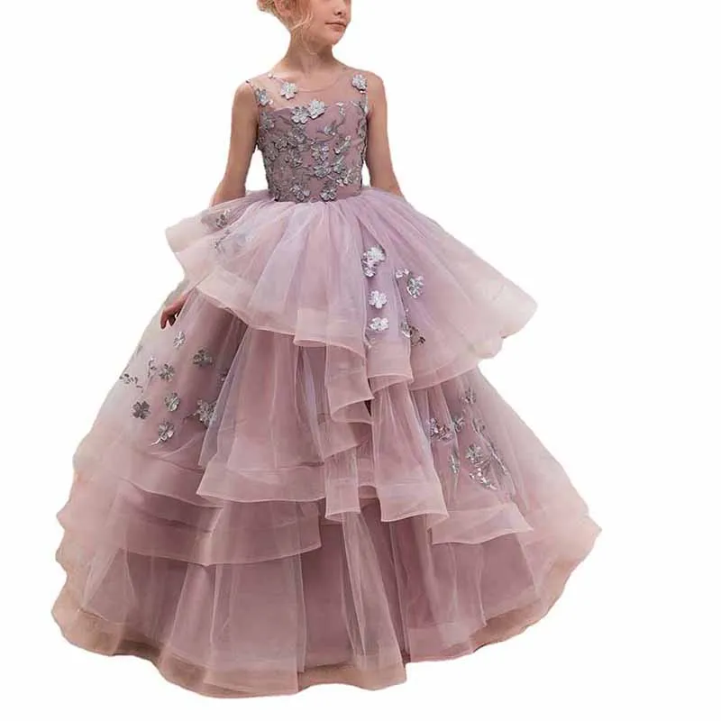 Flower Girl Dresses For Wedding Floor Length Ball Gown Pageant Puffy Tulle Dresses Flower Embroidery Princess Dresses