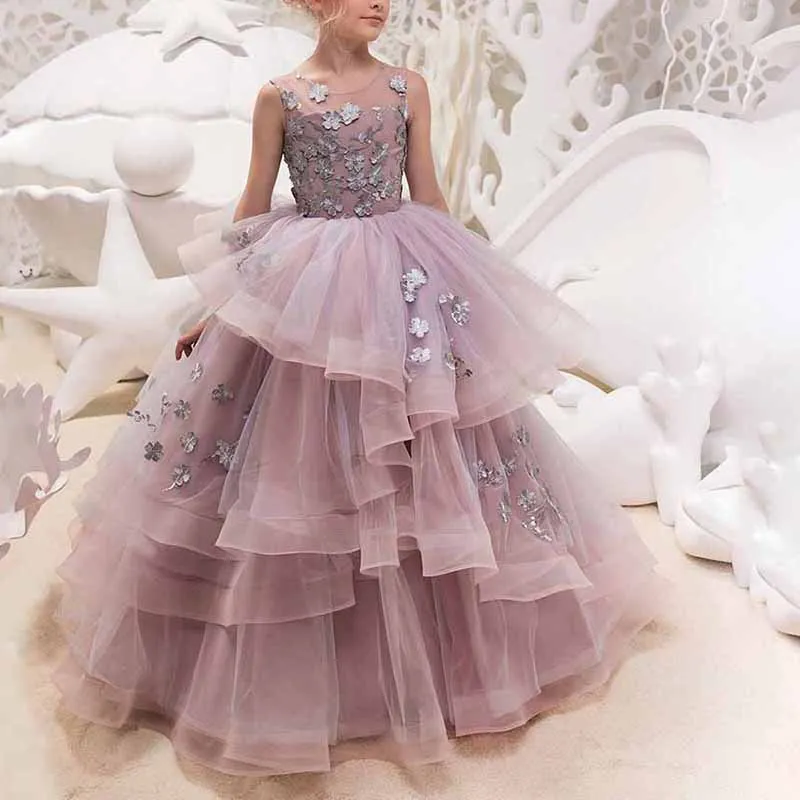 Flower Girl Dresses For Wedding Floor Length Ball Gown Pageant Puffy Tulle Dresses Flower Embroidery Princess Dresses