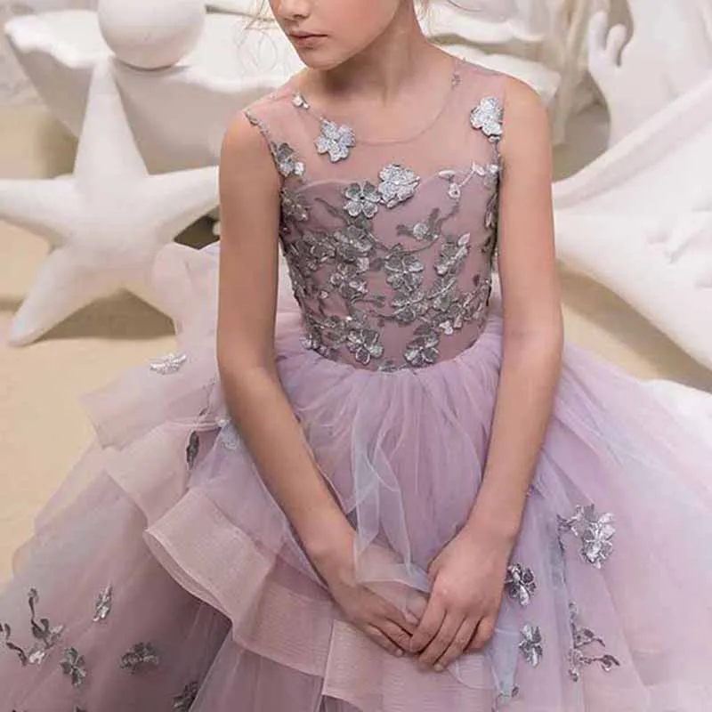 Flower Girl Dresses For Wedding Floor Length Ball Gown Pageant Puffy Tulle Dresses Flower Embroidery Princess Dresses
