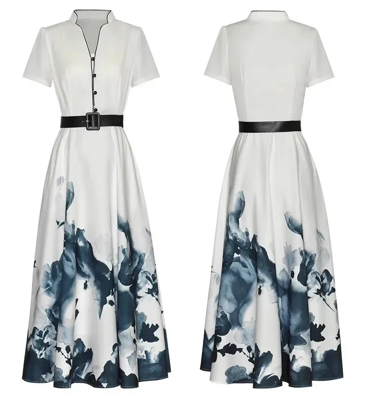 Gala V-Neck Short Sleeve Sashes Pockets Print Chinese Style Dress