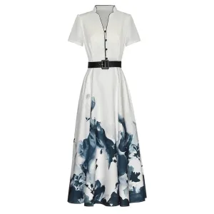 Gala V-Neck Short Sleeve Sashes Pockets Print Chinese Style Dress