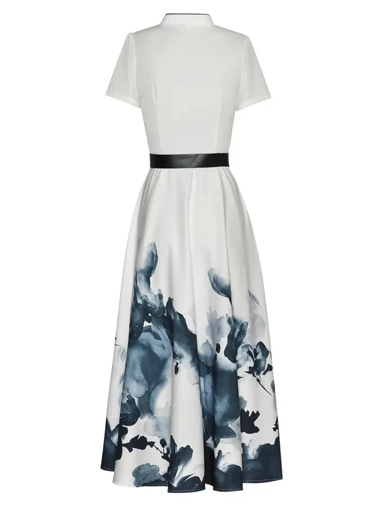 Gala V-Neck Short Sleeve Sashes Pockets Print Chinese Style Dress