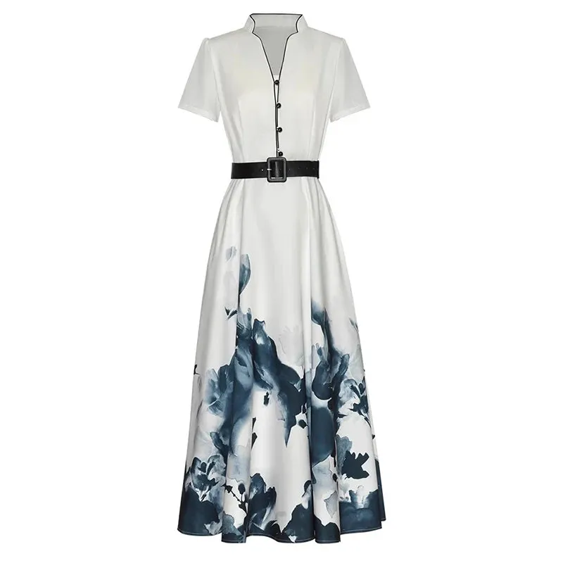 Gala V-Neck Short Sleeve Sashes Pockets Print Chinese Style Dress