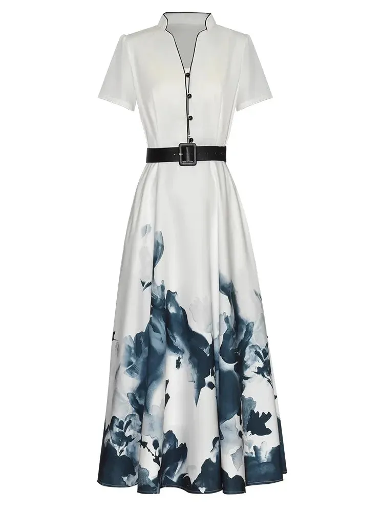 Gala V-Neck Short Sleeve Sashes Pockets Print Chinese Style Dress