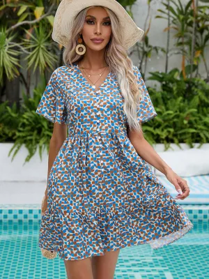 Geometric Print V-Neck Dress with Button-Down Front