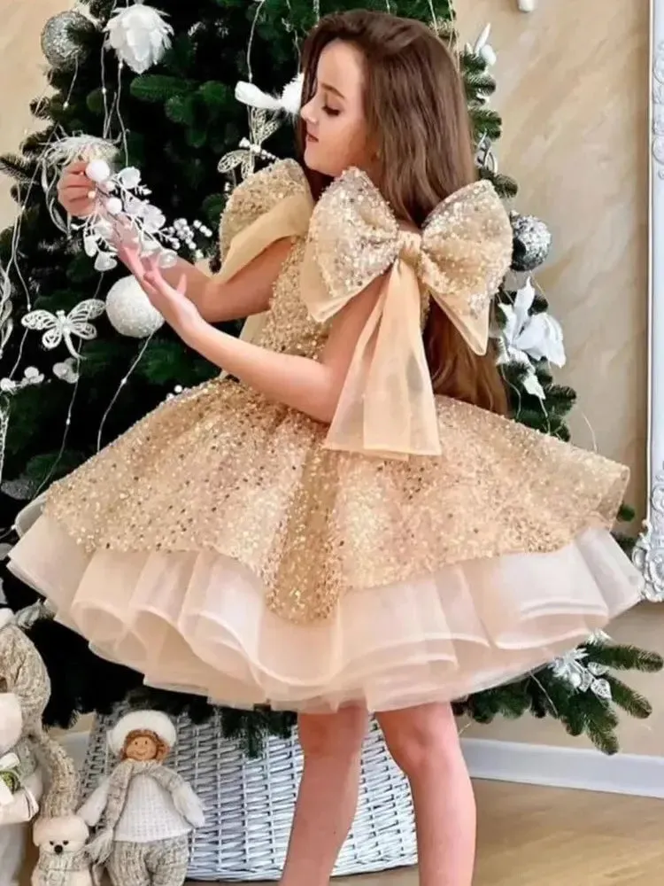 Girl's dresses for formal occasions Big Bow and Fluffy Ballet Performance prom dress Birthday Girl's Princess Dress