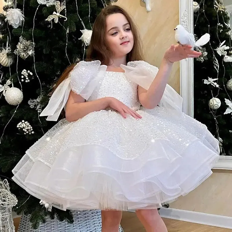 Girl's dresses for formal occasions Big Bow and Fluffy Ballet Performance prom dress Birthday Girl's Princess Dress