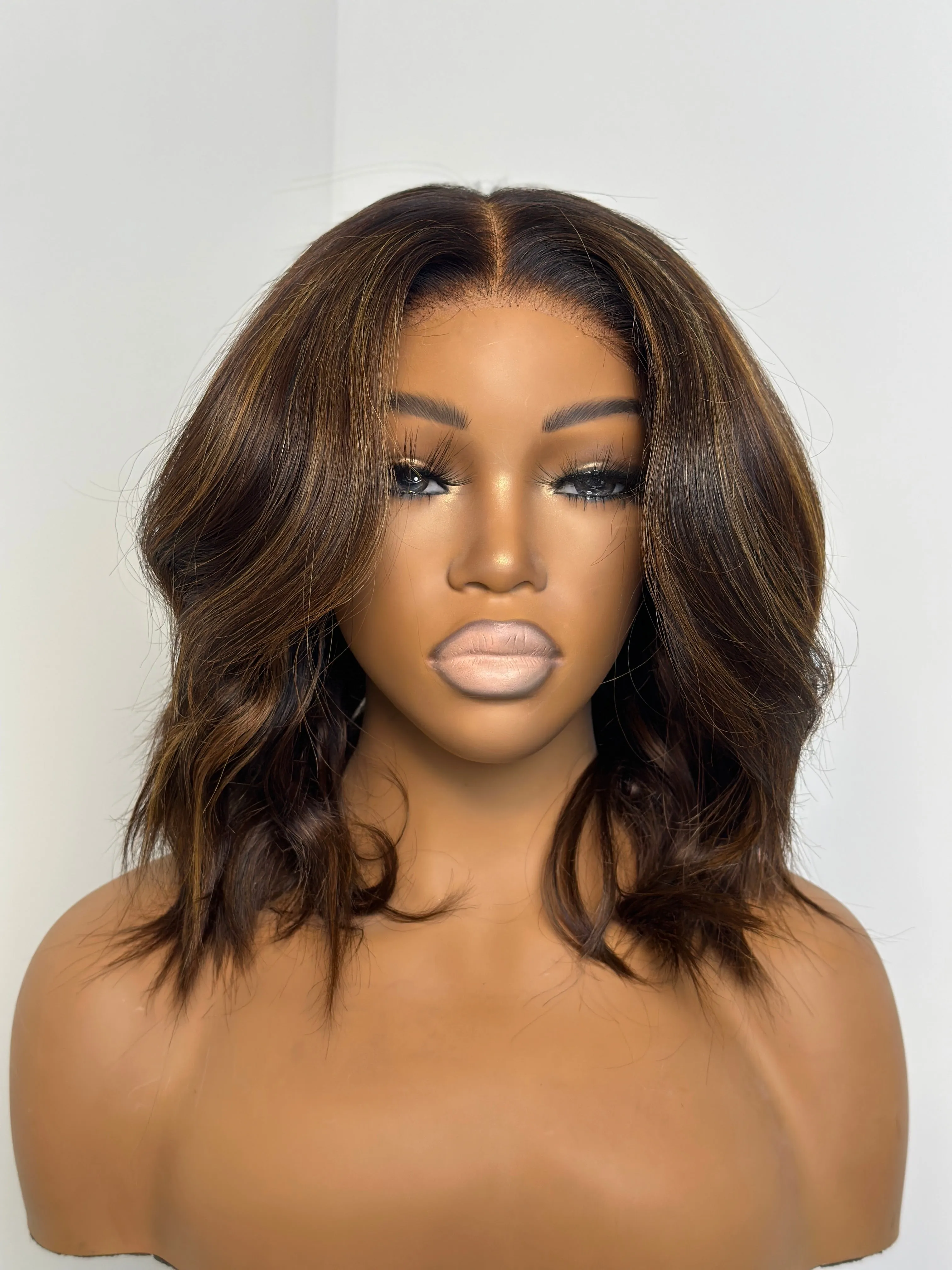 Glueless Brown Highlight Fluffy Bob Cut 5x5 Lace Closure Wig