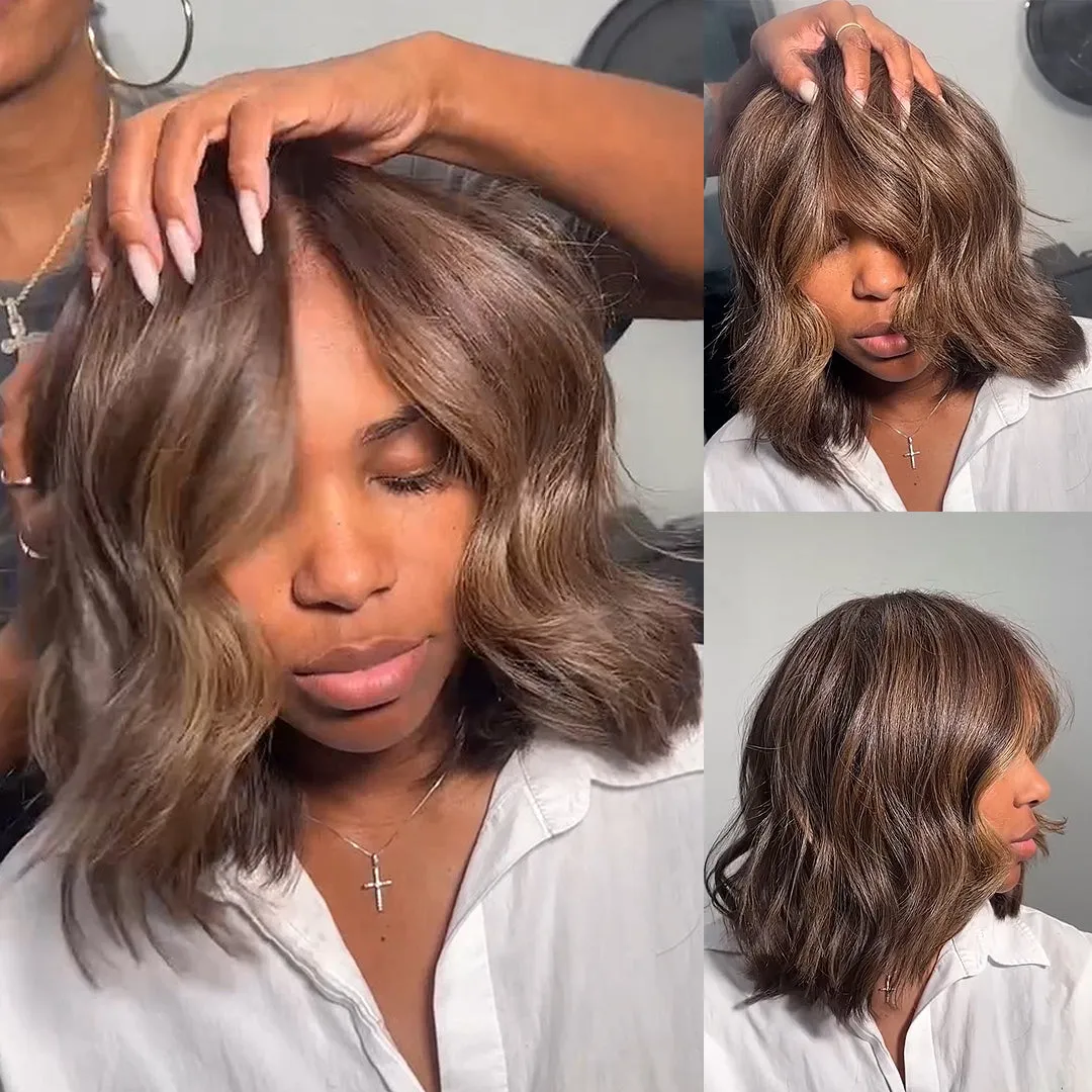 Glueless Brown Highlight Fluffy Bob Cut 5x5 Lace Closure Wig