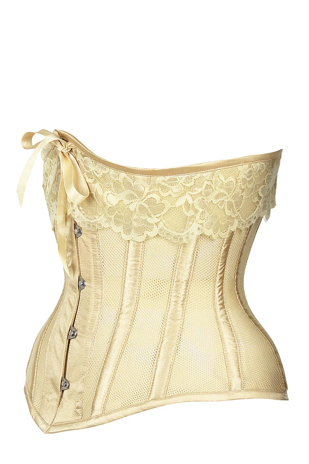 Gold Satin Bridal Corset with Super Fine Mesh Panels