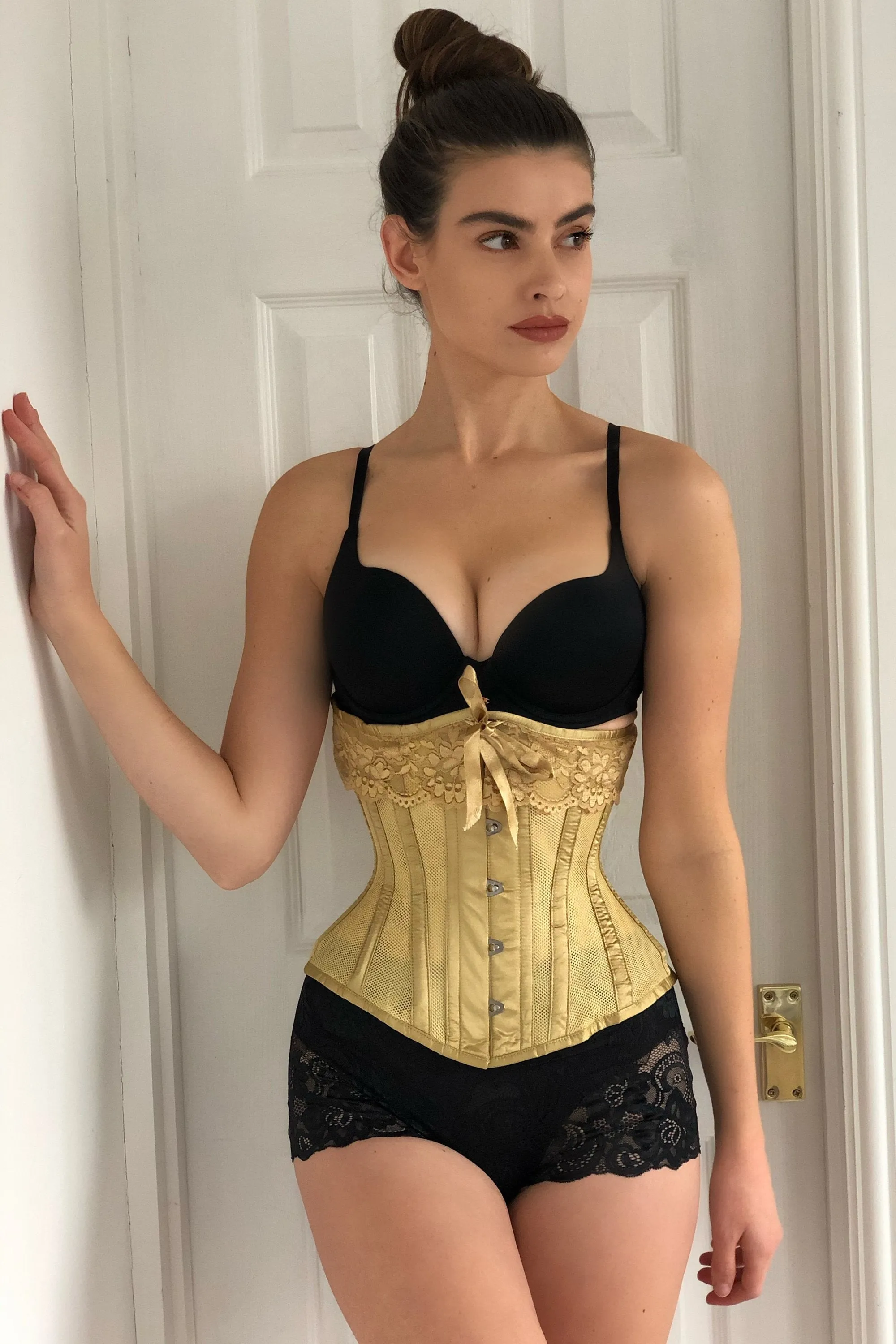 Gold Satin Bridal Corset with Super Fine Mesh Panels