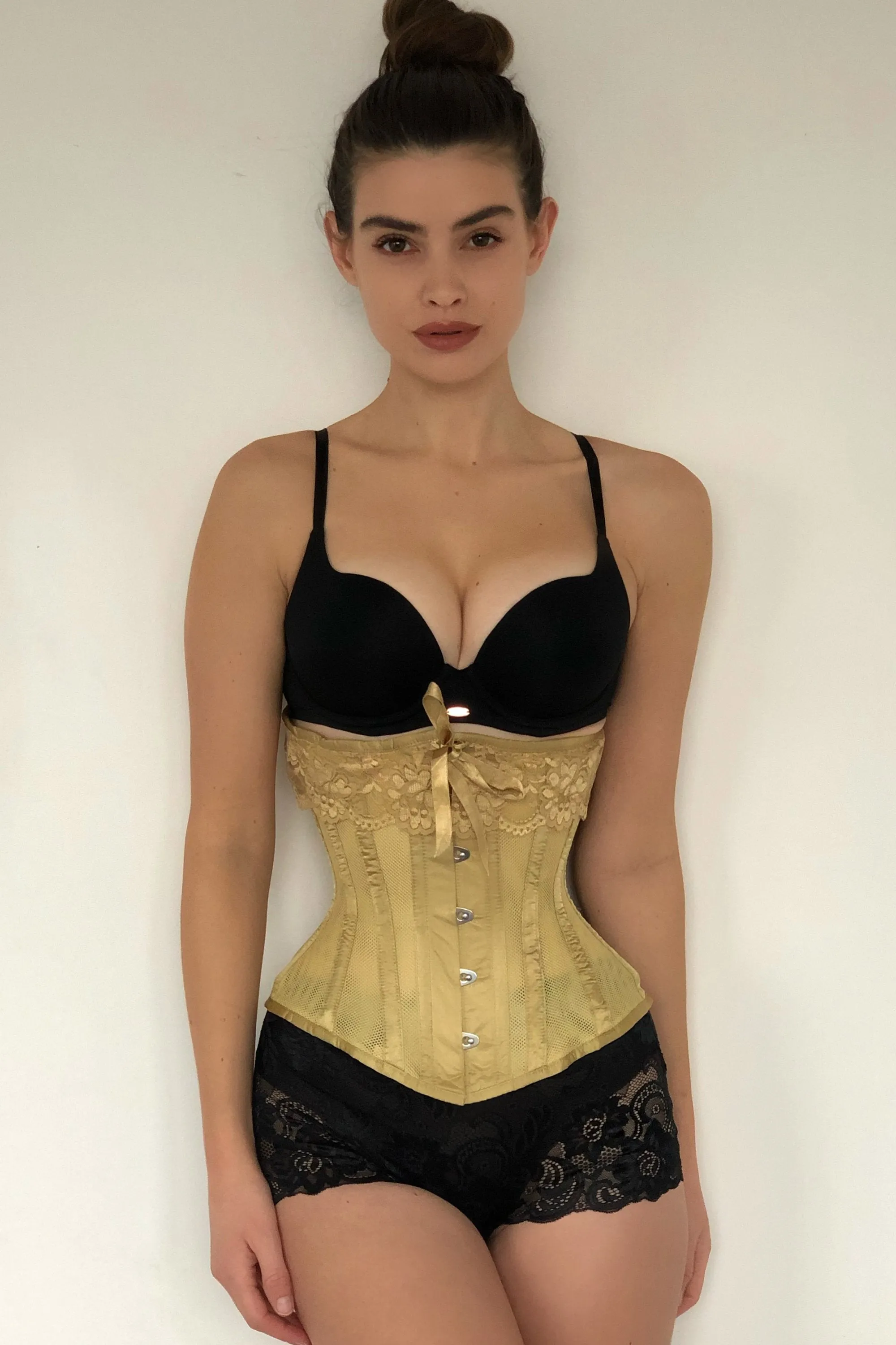 Gold Satin Bridal Corset with Super Fine Mesh Panels