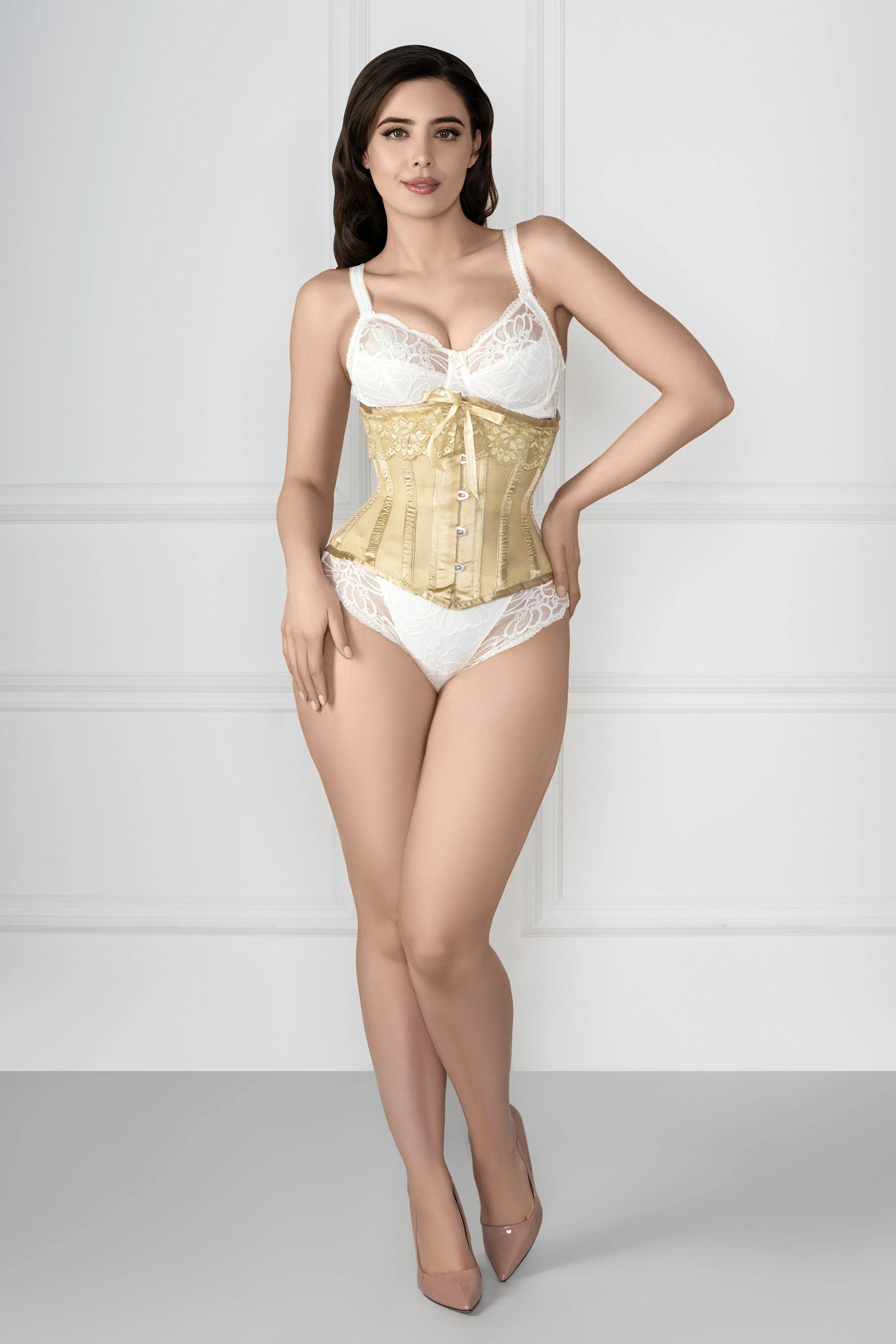 Gold Satin Bridal Corset with Super Fine Mesh Panels