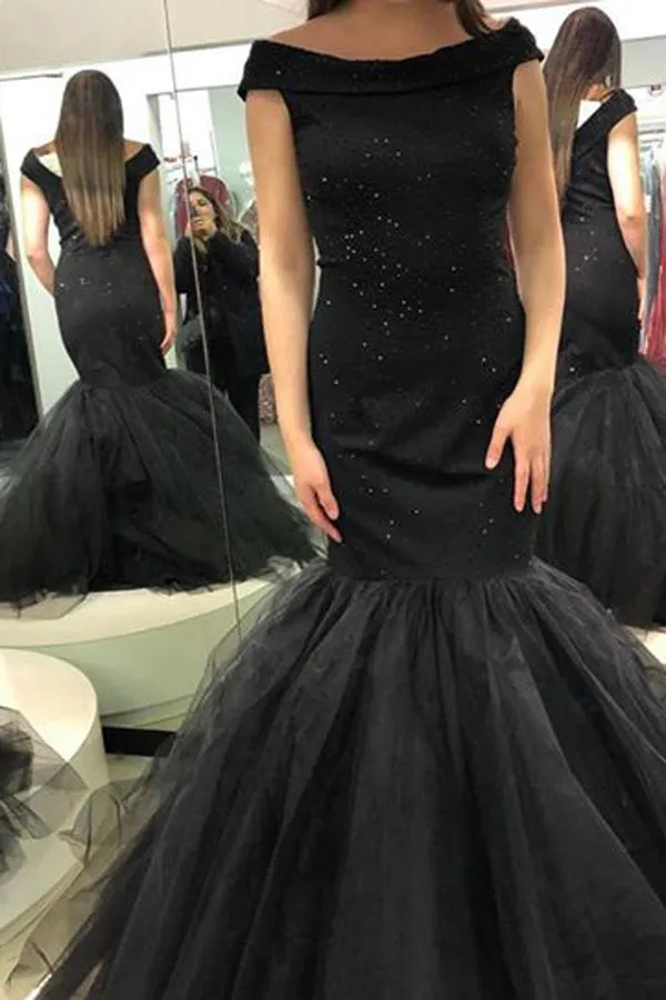 Gorgeous Cap Sleeve Mermaid Tulle Long Prom Dress with Beading Prom Gowns, M296