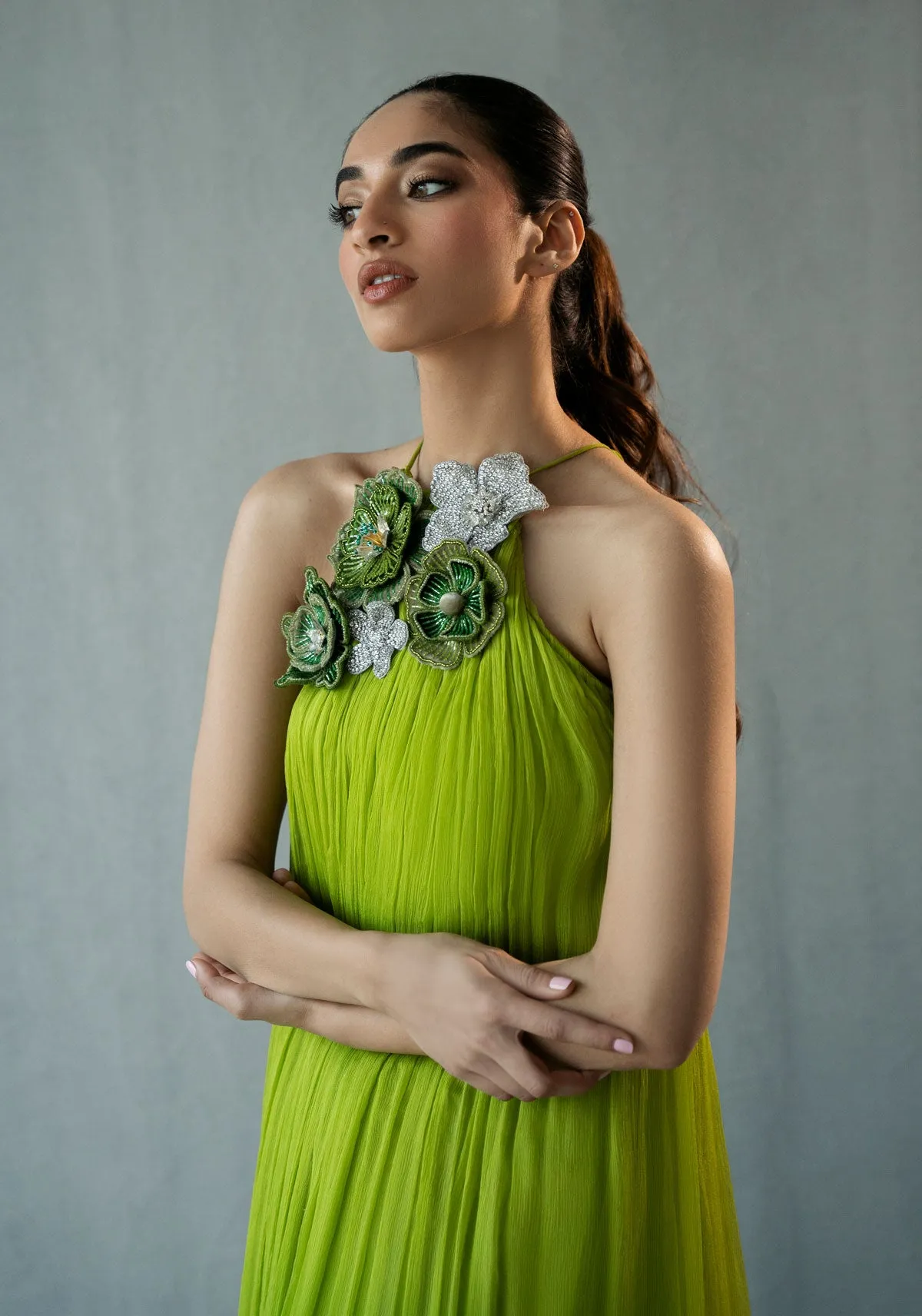 Green Chiffon Dress with 3D floral Embellished Neckline
