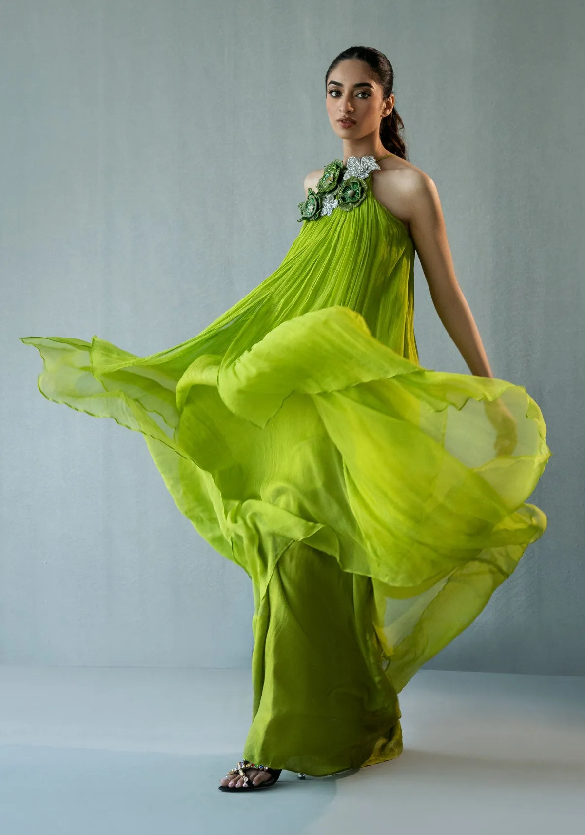 Green Chiffon Dress with 3D floral Embellished Neckline