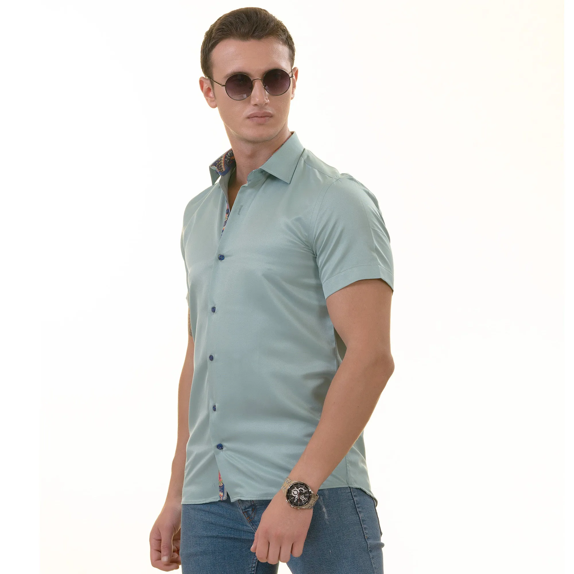 Green inside Purple Paisley Short Sleeve Button up Shirts - Tailored
