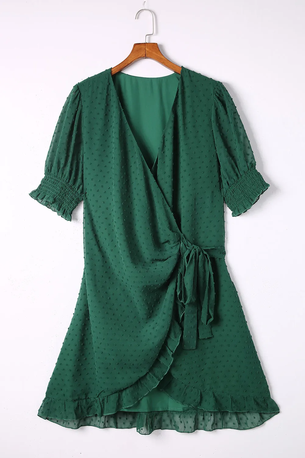 Green Plus Size Swiss Dot Puff Sleeve Wrap Dress