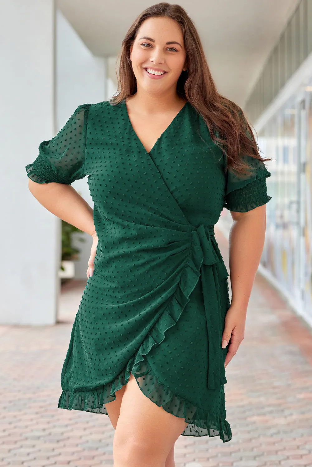 Green Plus Size Swiss Dot Puff Sleeve Wrap Dress