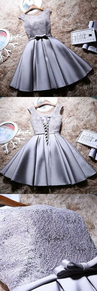 Grey Lace Satin A-Line Bateau Cap Sleeves Short Homecoming Dress with Bowknot, SH391