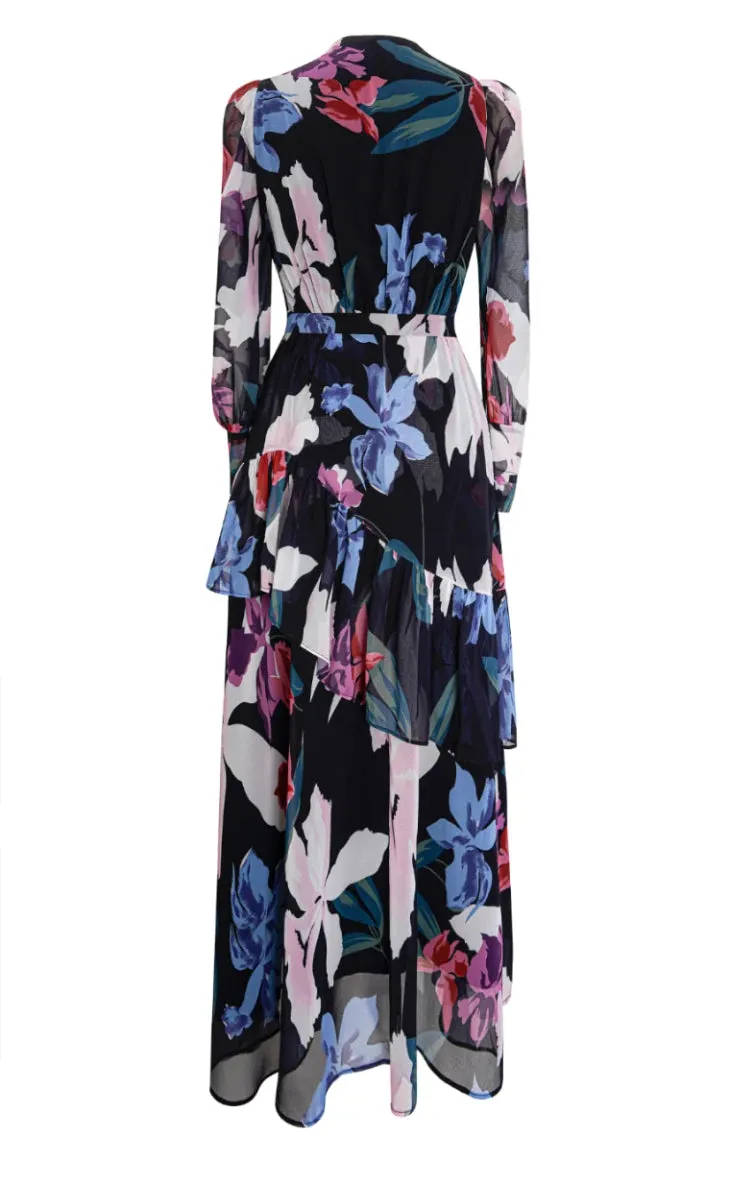 Hallie V Neck Ruched High Waist Ruffles Spliced Temperament Long Dress