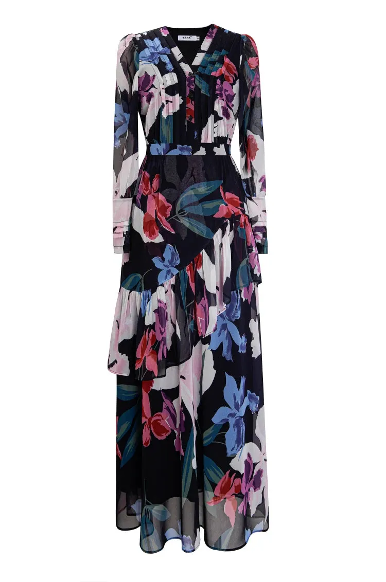 Hallie V Neck Ruched High Waist Ruffles Spliced Temperament Long Dress