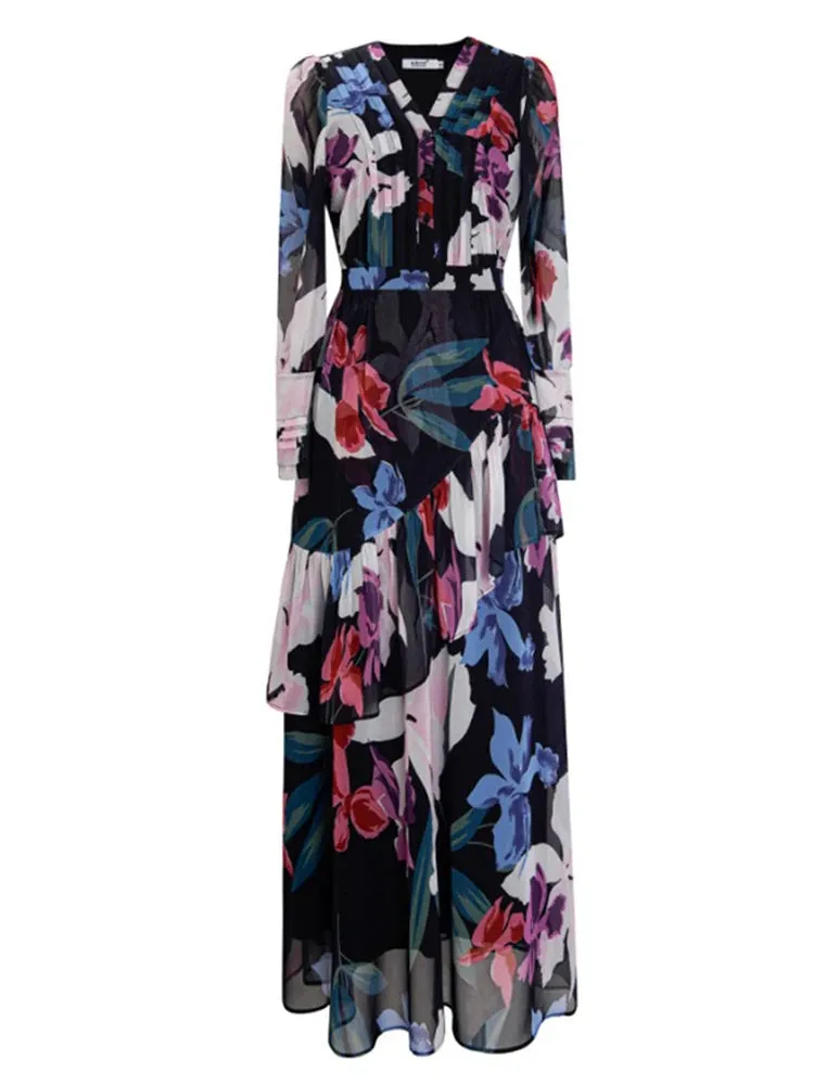 Hallie V Neck Ruched High Waist Ruffles Spliced Temperament Long Dress
