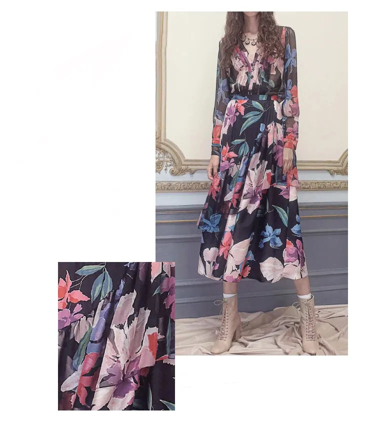 Hallie V Neck Ruched High Waist Ruffles Spliced Temperament Long Dress