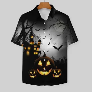 Halloween Spooky Pumpkin Bat Oversized Chest Pocket Short Sleeve Shirt 2308100316
