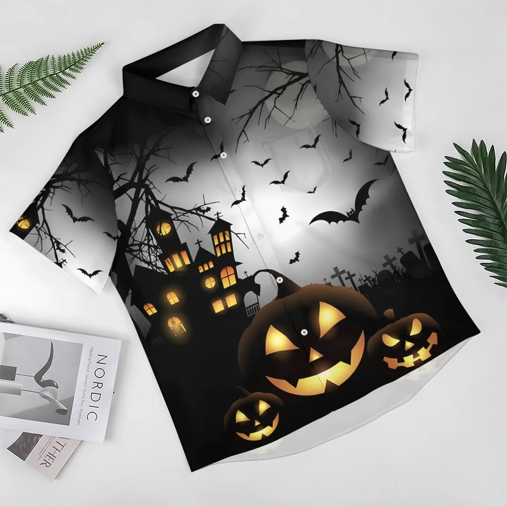 Halloween Spooky Pumpkin Bat Oversized Chest Pocket Short Sleeve Shirt 2308100316