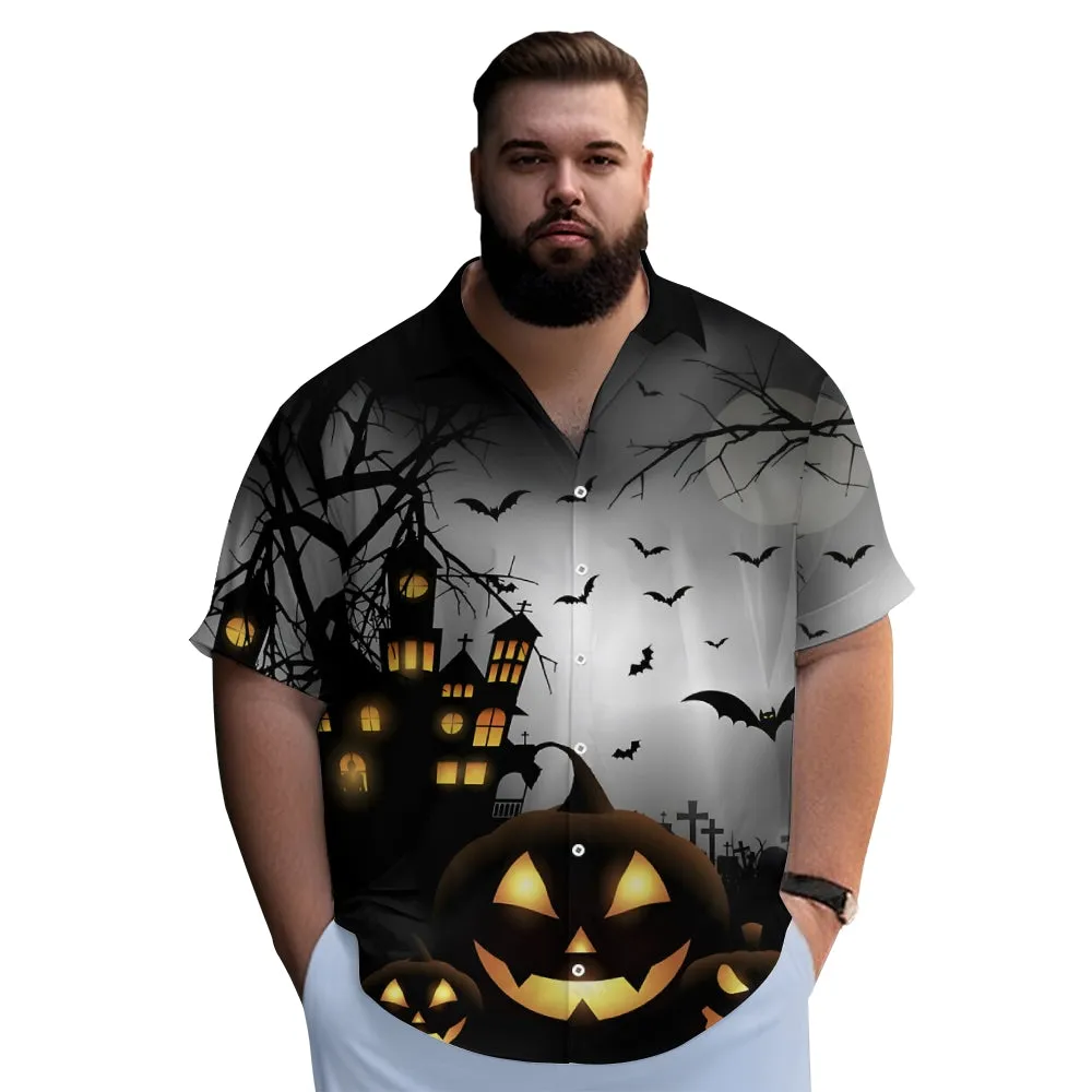 Halloween Spooky Pumpkin Bat Oversized Chest Pocket Short Sleeve Shirt 2308100316