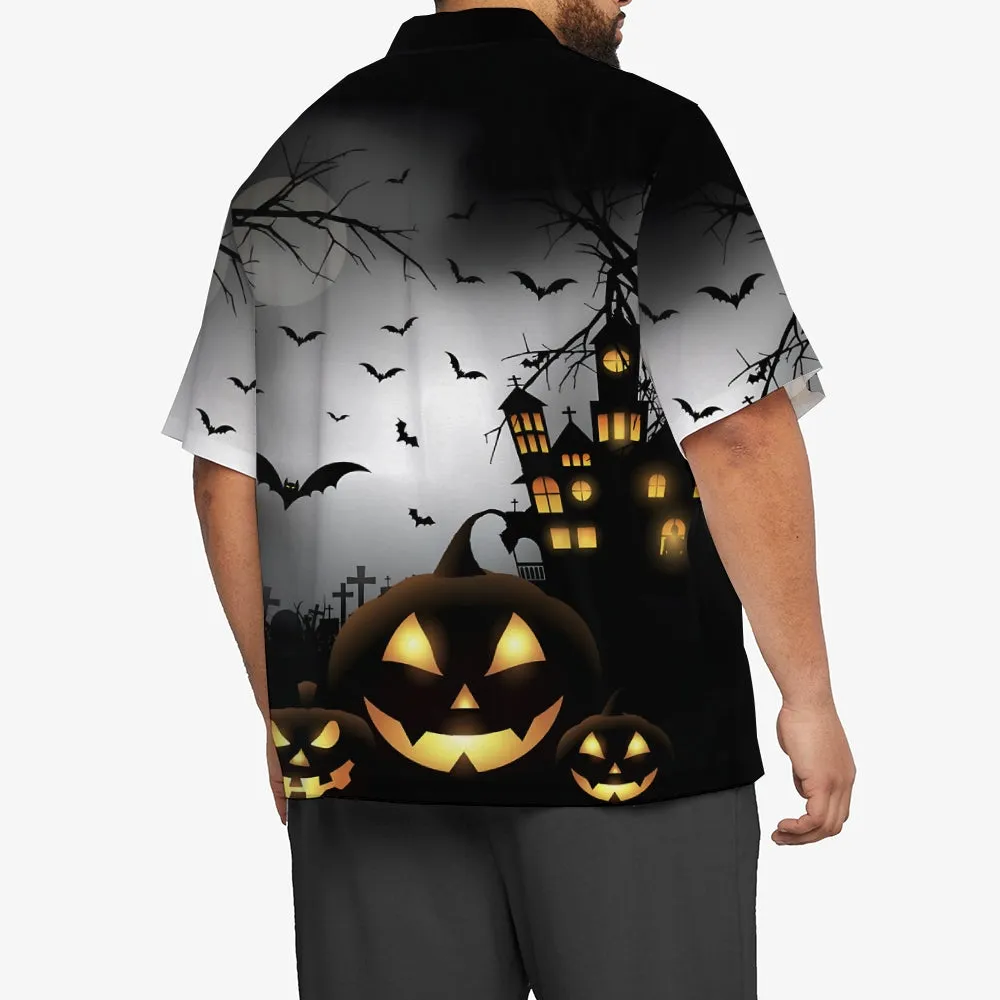 Halloween Spooky Pumpkin Bat Oversized Chest Pocket Short Sleeve Shirt 2308100316