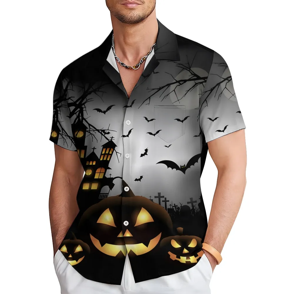 Halloween Spooky Pumpkin Bat Oversized Chest Pocket Short Sleeve Shirt 2308100316