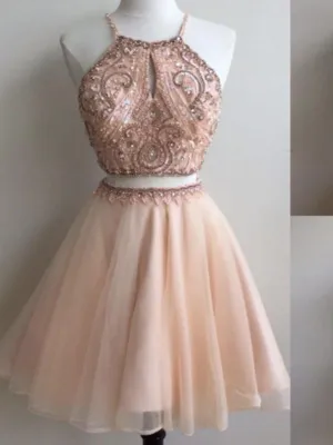Halter Beaded Cheap Two Piece Homecoming Dresses 2018, BDY0203