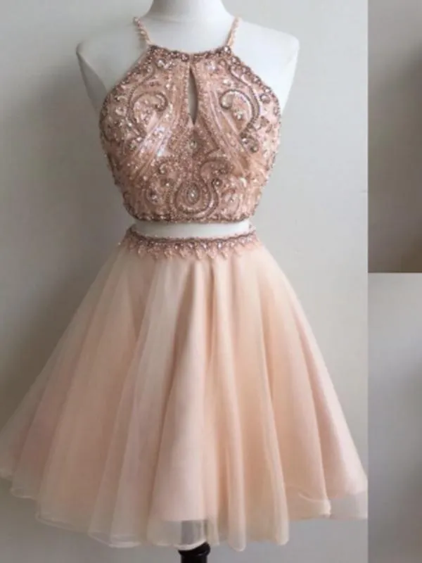 Halter Beaded Cheap Two Piece Homecoming Dresses 2018, BDY0203