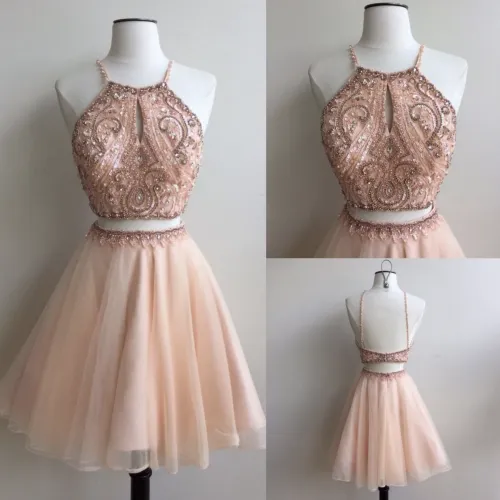 Halter Beaded Cheap Two Piece Homecoming Dresses 2018, BDY0203