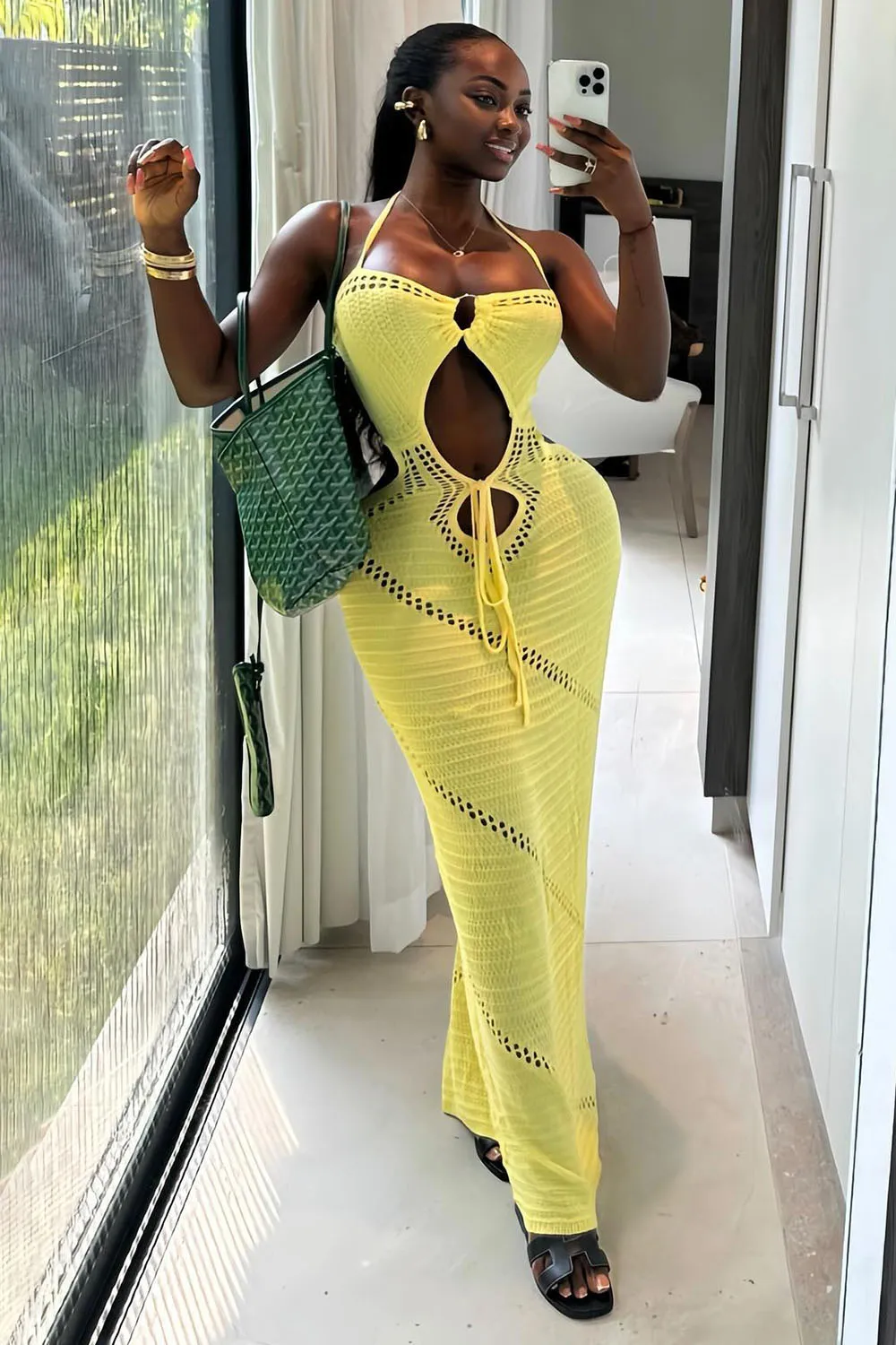 Halter Cutout Tied Up Knit Slim-Fit Vacation Maxi Dresses-Yellow [Pre Order]
