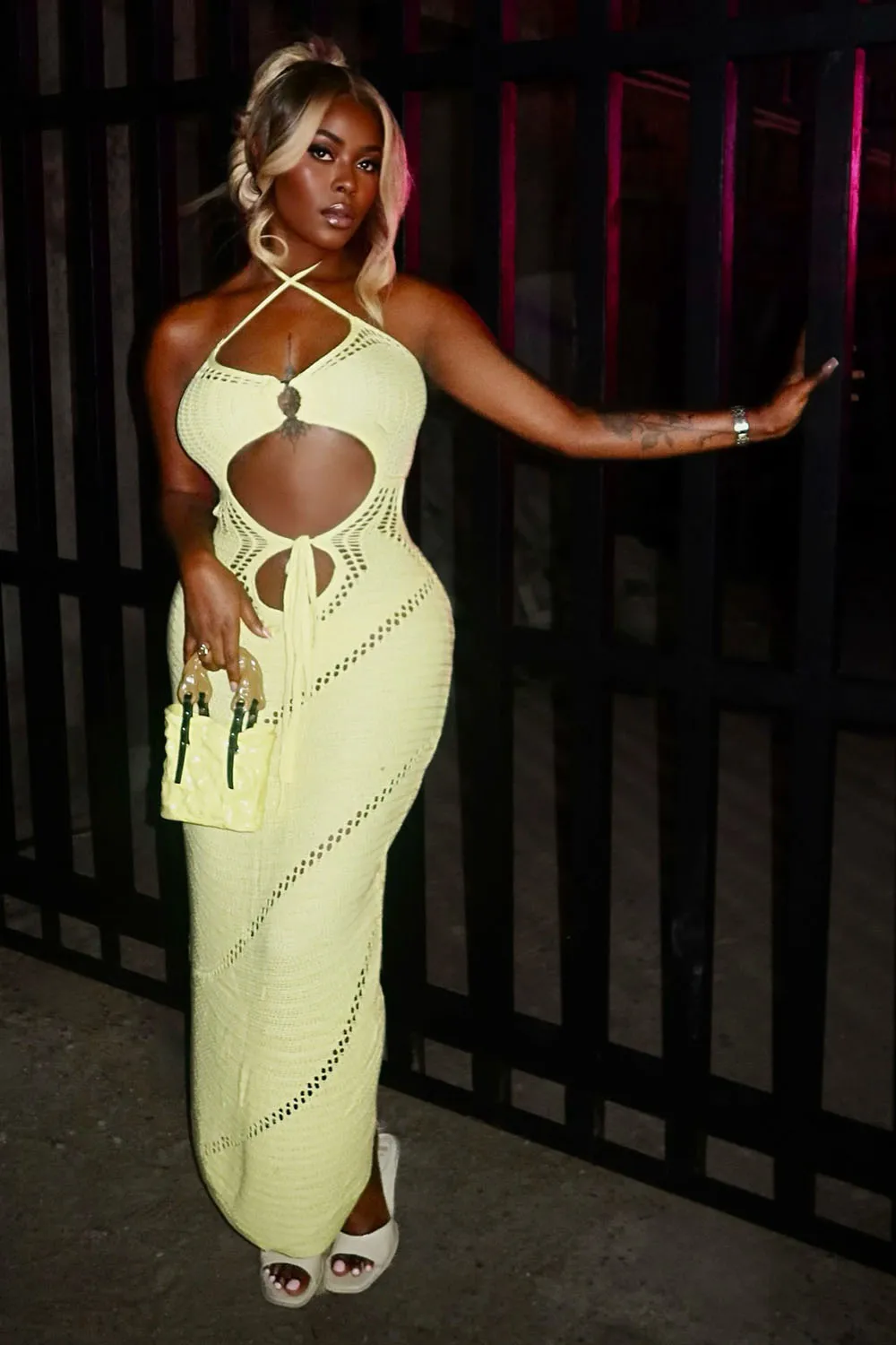 Halter Cutout Tied Up Knit Slim-Fit Vacation Maxi Dresses-Yellow [Pre Order]