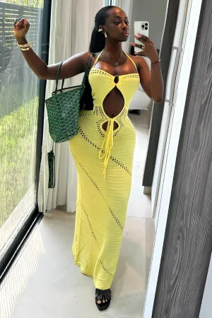 Halter Cutout Tied Up Knit Slim-Fit Vacation Maxi Dresses-Yellow [Pre Order]