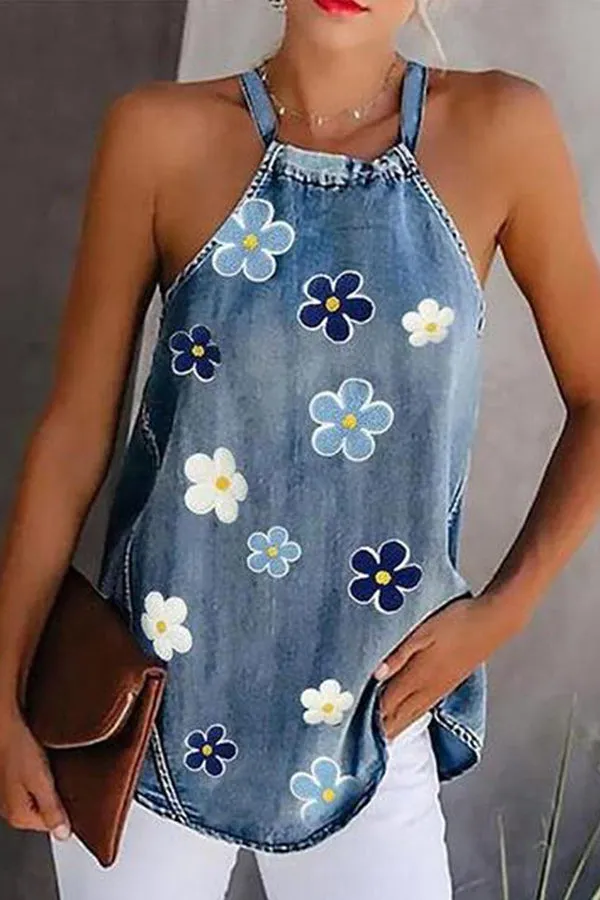 Halter Neck Daisy Print Loose Denim Camisole
