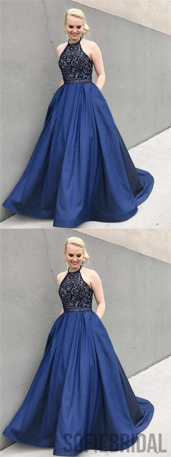 Halter Rhinestone Beaded Prom Dresses, Satin A-line Prom Dresses, Cheap Prom Dresses, PD0666