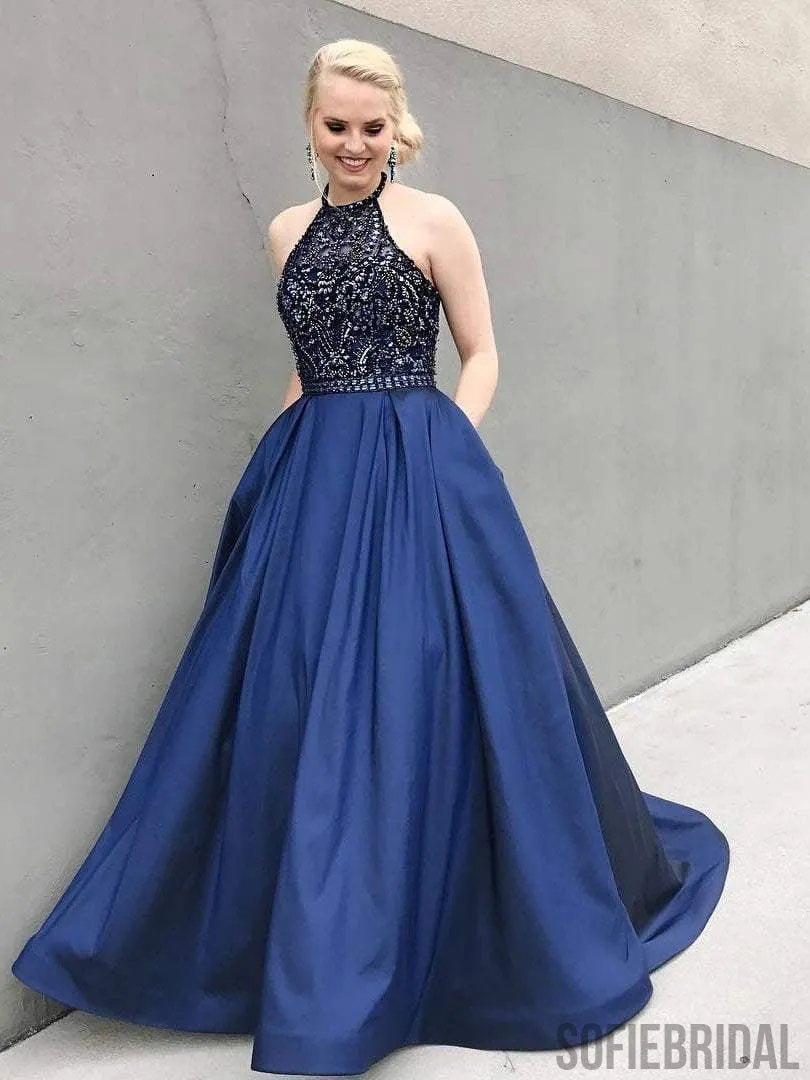 Halter Rhinestone Beaded Prom Dresses, Satin A-line Prom Dresses, Cheap Prom Dresses, PD0666