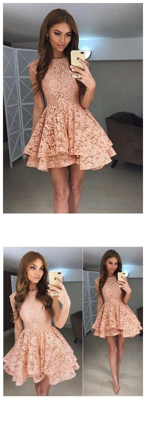 High Neck Peach Lace Cute Short Homecoming Dresses 2018, BDY0284