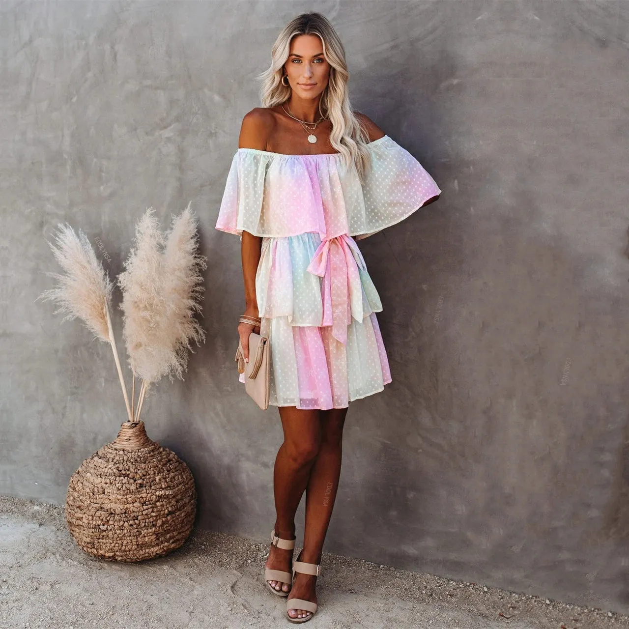 High Quality Bohemian Rainbow Slash Neck High Waist Summer Mini Dress Chiffon Tunic Women Sexy Off the Shouder Party Dress A451